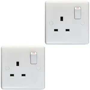 2 PACK 1 Gang Double Pole 13A Switched UK Plug Socket - WHITE Wall Power Outlet