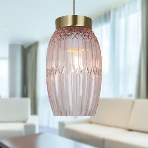 First Choice Lighting Facet Antique Brass with Pink Faceted Glass Pendant Shade