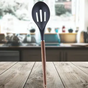 Slotted Spoon Wood Handle Acacia Wooden Heat Resistant Slotted Spoon Black