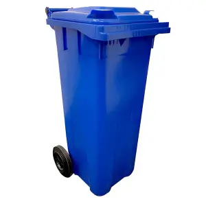 Large 140 Litre Blue Coloured Outdoor Council Wheelie Bins Complete With Lid And Wheels