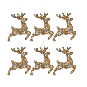 Prancing Reindeer Hanging Figurine Ornament (Set of 6) Gold