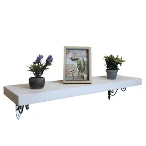 Solid Wood Handmade Rustical Shelf White 225mm 9 inch with Silver Metal Bracket WOZ Length of 100cm