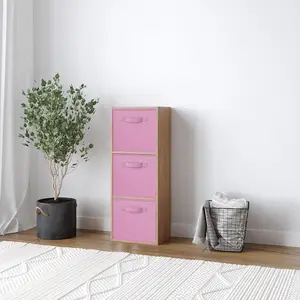 URBNLIVING 80cm Height 3 Cube Oak Wooden Shelves Cubes Cupboard Storage Units With Light Pink Drawer Insert