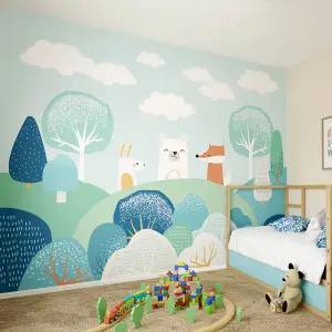 Origin Murals Children's Woodland Animals Blue Matt Smooth Paste the Wall 350cm wide x 280cm high