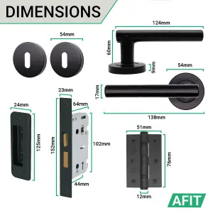 AFIT Matt Black Key Lock Door Handle Set - Sash Lock, Hinges (76mm) & 2 Escutcheons Olvera Range