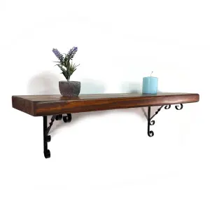 Wooden Rustic Shelf with Bracket WO Black 220mm 9 inches Walnut Length of 80cm