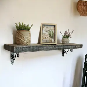 Solid Wood Handmade Rustical Shelf Monochrome 175mm 7 inch with Black Metal Bracket WOZ Length of 230cm