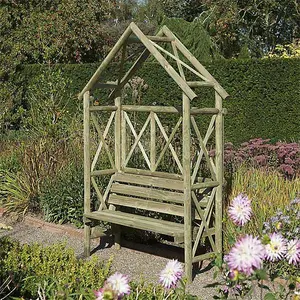 Rowlinson Rustic Wooden Garden Arch & Seat Pergola Plant Support