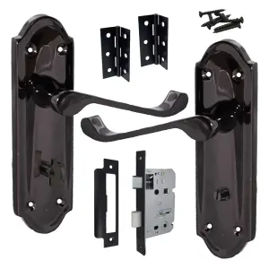 Ashford Door Handle Bathroom Lock Scroll Lever - Black Nickel Bath Pack Hinges