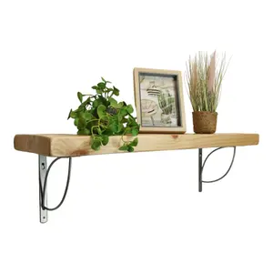 Solid Wood Handmade Rustical Shelf Primed 175mm 7 inch with Silver Metal Bracket TRAMP Length of 180cm