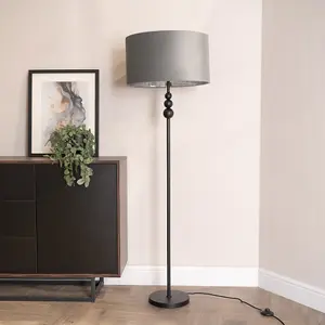 ValueLights Marissa Black Stacked Ball Floor Lamp with Grey Velvet with Chrome Inner Lamp Shade and LED Bulb