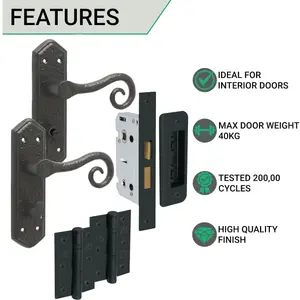 AFIT Curly Black Antique Door Handle on Backplate Bathroom Kit / Pack - 64mm Lock 76mm Hinges