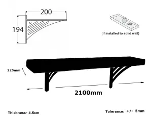 Solid Wood Handmade Rustical Shelf Unprimed 225mm 9 inch with Black Metal Bracket WAT Length of 210cm