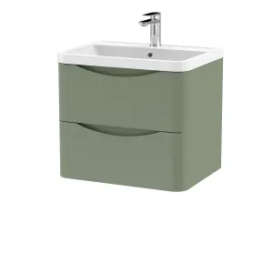 Wall Hung 2 Drawer Vanity Basin Unit with Polymarble Basin, 600mm - Satin Green