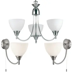 3 Lamp Ceiling & 2x Wall Light Pack Satin Chrome Glass Matching Indoor Fittings