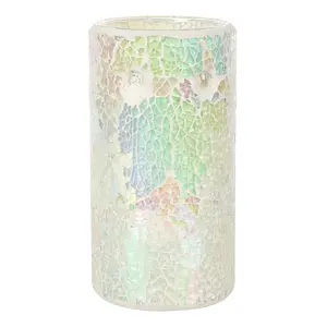 White Iridescent Glass Pillar Shaped Oil, Wax Melt Burner. Mirrored Crackle Effect. H14.5 cm