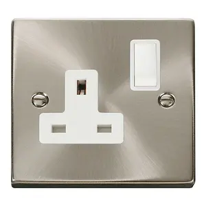 Satin / Brushed Chrome 1 Gang 13A DP Switched Plug Socket - White Trim - SE Home