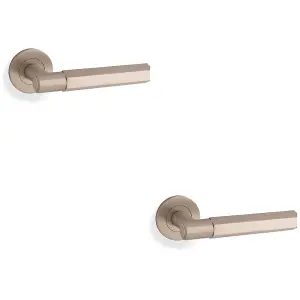 2 PACK - SOLID BRASS Hex Door Handle Set - Satin Nickel Industrial Lever Round Rose