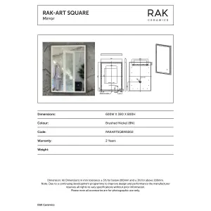 RAK Art Square 600x800mm Brushed Nickel Square with Touch Sensor Illuminated Mirror IP44