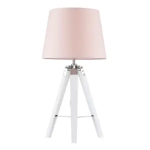 ValueLights Clipper Modern White Wood and Silver Chrome Tripod Table Lamp with Pink Shade