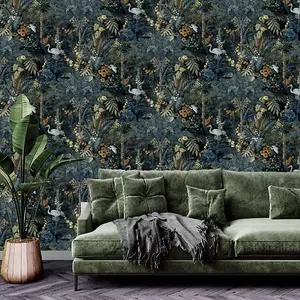 Holden Decor Jungle Paradise Navy Tropical Smooth Wallpaper