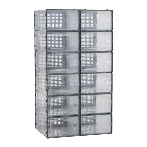 12 Pcs Grey Adjustable Stackable Plastic Shoe Storage Box Organiser 33cm (W) x 23cm (D) x 14cm (H)