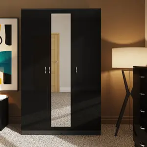 3 Door Triple Mirrored Wardrobe Black Gloss Scratch Resistant Bedroom Furniture