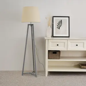 ValueLights Lottie Grey Wood Tripod Floor Lamp with Beige Tapered Shade