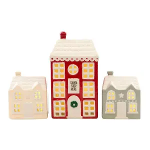 Something Different Houses Christmas Decoration Set (Pack of 3) Cream/Red (One Size)