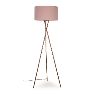 ValueLights Camden Modern Copper Metal Tripod Floor Lamp with Pink Cylinder Shade - Includes 6w LED Bulb 3000K Warm White