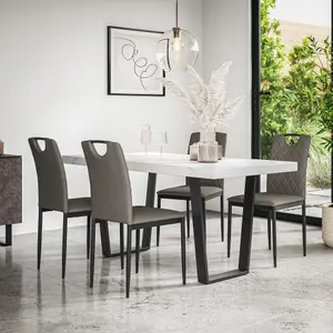 Aria Dining Table And Chairs -  White Marble Effect Table Top w Black Legs + Monza Faux Leather Dining Chair Set Of 6 (Grey)