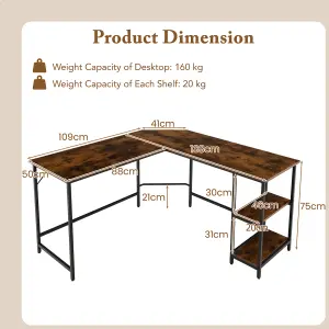 Costway L-Shaped Computer Desk Corner Computer Gaming Desk w/ 2-tier Shelves