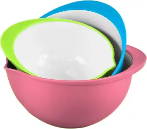 simpa 3PC Plastic Mixing Bowls Set with Pouring Spout: Pink, Blue & Green.