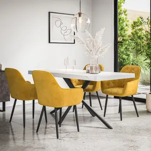 Donni Dining Table And Chairs -  White Marble Effect Table Top w Black Legs + Anika Velvet Dining Chair Set Of 6 (Mustard)