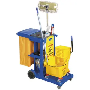 Janitorial Cleaning Trolley - Multiple Shelve - Holds Mop Buckets - Housekeeping