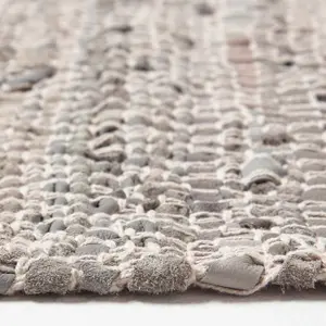 Homescapes Grey Real Leather Handwoven Diamond Pattern Rug, 150 x 240 cm