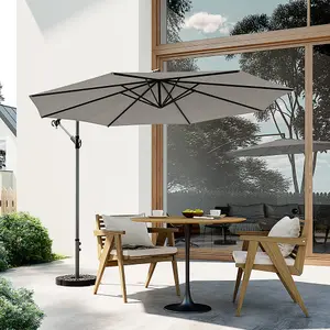 3M Outdoor Light Grey Cantilever Crank Tilt Swivel Banana Umbrella Sunshade with Fillable Base