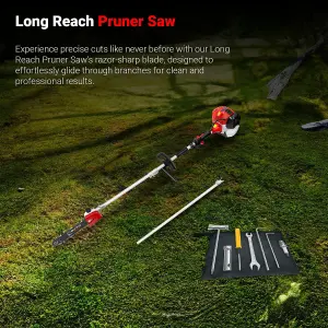 BU-KO 52cc Long Reach Petrol Hedge Trimmer and Pruner Saw with 75cm Extension Pole and Toolbag