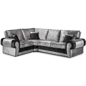 Chelsea Black and Silver Crushed Velvet Large 4 Seater Corner Sofa 1 Corner 2 Rolled Arms