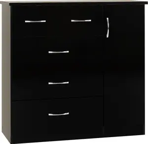 Nevada 5 Drawer 1 Door Low Wardrobe in Black Gloss Finish