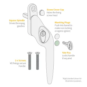 Yale Quartus Cranked Window Handle - Silver, Right, 40mm