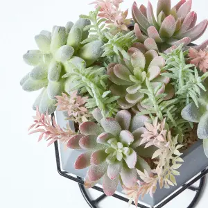 Homescapes Artificial Cactus and Succulent Arrangement in Decorative Geometric Grey Pot, 31 cm Tall