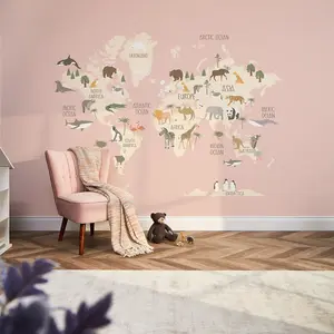 Scandi Safari Map Mural In Pink (300cm x 240cm)