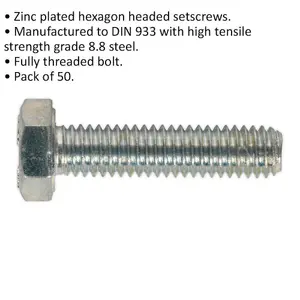 50 Pack M6 x 25mm Zinc-Plated Setscrews - Grade 8.8 Fully Threaded DIN 933