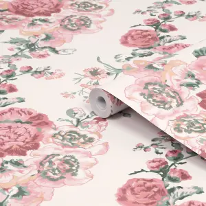 Laura Ashley Hollyhocks Pink Floral Smooth Wallpaper