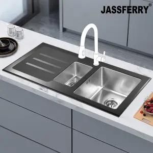 JASSFERRY Black Glass Top Kitchen Sink Stainless Steel 1.5 Deep Bowl Left Hand Drainer with Draining Groove