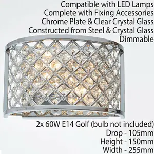 Crystal Cage Wall Light Chrome Glass Shade Modern Twin Bulb Lounge Lamp Fitting