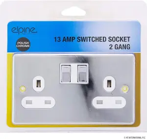 Socket Double Switch Plug 2 Gang Electric 13 Amp Wall Polish Chrome Power Unit