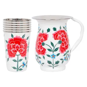 BillyCan Hand-Painted Picnic Water Jug with 400ml Cups - 1.7L - Cotton Peony