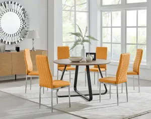 Furniturebox UK Santorini Brown Wood Effect Round Dining Table & 6 Mustard Milan Chrome Leg Chairs